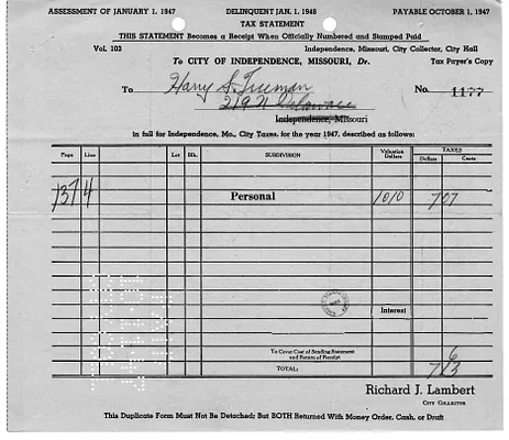 Bill for Personal Property Tax, Indpendence, Missouri for Harry S. Truman