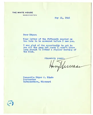 Letter from Harry S. Truman to Edgar Hinde
