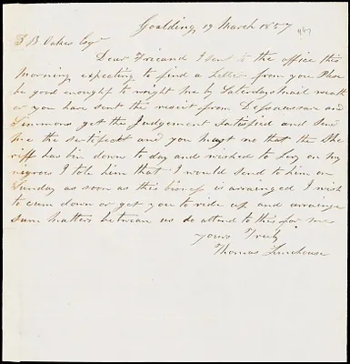 Thomas Limehouse, Goulding, S.C.[?], autograph note signed to Ziba B. Oakes, 19 March 1857