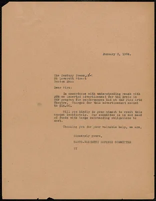Sacco-Vanzetti Defense Committee typed letter (copy) to Century Press, Boston, Mass., January 3, 1924