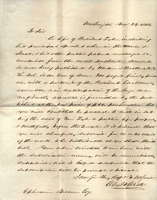 Alexander Abell to Ephraim Spooner (1804-1887) Nov. 29 1843 with envelope John Tyler to Ephraim Spooner Nov. 29 1843 same sheet as above with envelope