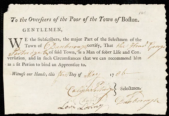 Samuel Pool indentured to apprentice with George Partridge of Duxborough, 1 May 1786