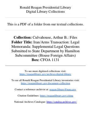 Iran/Arms Transaction: Legal Memoranda: Supplemental Legal Questions Submitted to State Department by Hamilton Subcommittee (House Foreign Affairs)