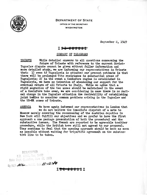 Memorandum, State Department Summary of Telegrams