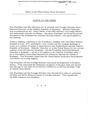 President's meeting with Foreign Minister Hans-Dietrich Genscher of the Federal Republic of Germany [Notice to Press]