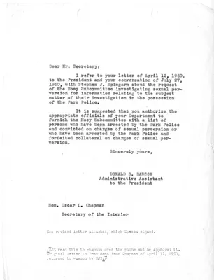 Letter from Donald S. Dawson to Secretary of the Interior Oscar L. Chapman