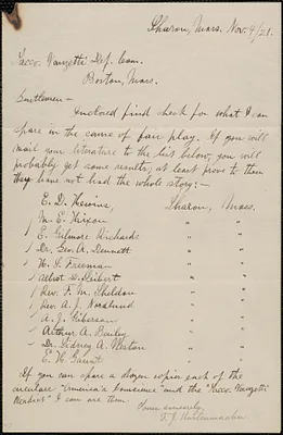 F. J. Kustenmacher autograph letter signed to Sacco-Vanzetti Defense Committee, Sharon, Mass., November 4, 1921