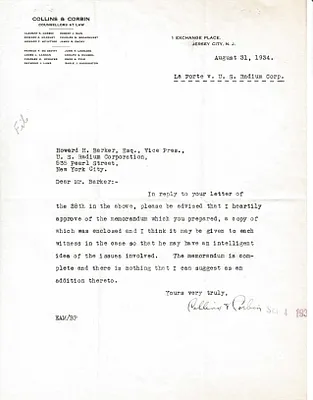 Letters Received to Howard H. Barker [H.H. Barker], August 31, 1934