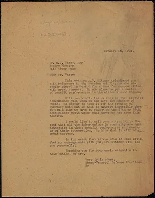 Sacco-Vanzetti Defense Committee typed letter (copy) to D. J. Casey (Empire Theatre), Boston, Mass., January 16, 1924