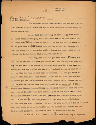 Nicola Sacco typed letter (copy) Gertrude L. Winslow, Dedham, 14 May 1927