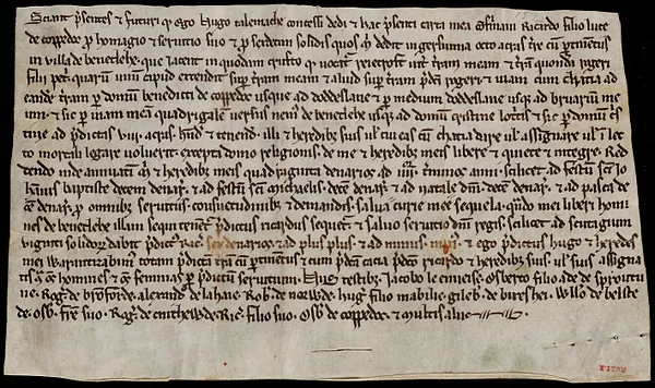 Charter granting land in the village of Bentley, Suffolk, England, from Hugh Talemache to Richard de Coppedoc
