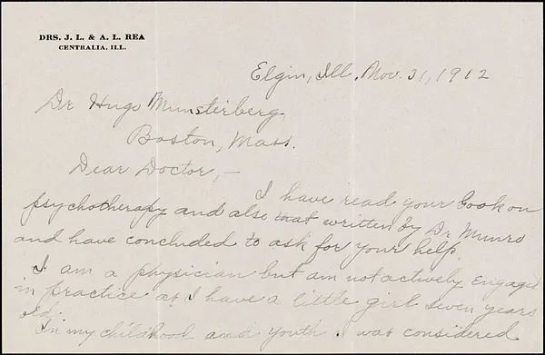 Rea, Mrs. Albertine L. autograph letter signed to Hugo Münsterberg, Elgin, Ill., 31 November 1912