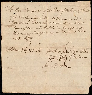 Mary Sturges indentured to apprentice with Jeremiah Dean of Dedham, 3 July 1746