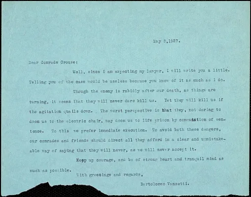 Bartolomeo Vanzetti typed note (copy) to Comrade Crouse, [Dedham], 3 May 1927