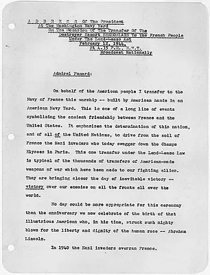 Address At The Washington Navy Yard On The Occasion Of The Transfer Of The Destroyer Escort SENEGALAIS To The French People Under The Lend-Lease Act