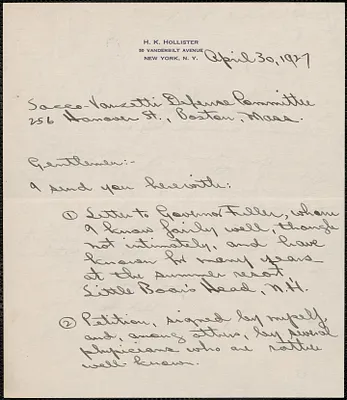 H. K. Hollister autograph letter signed to Sacco-Vanzetti Defense Committee, New York, N.Y., April 30, 1927