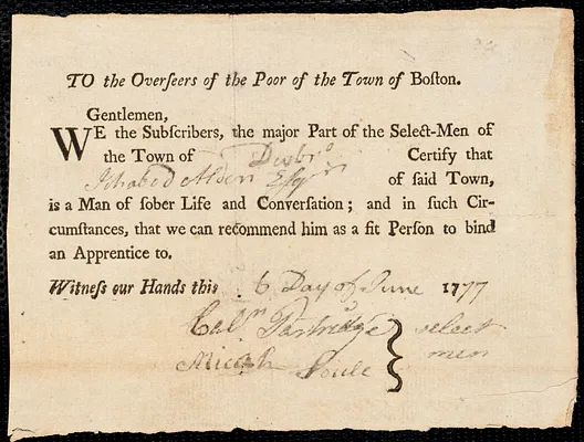 Susann Clear indentured to apprentice with Ichabod Alden of Duxborough, 31 May 1777