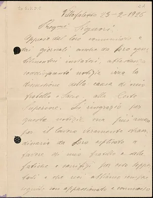 Luigia Vanzetti autograph letter signed, in Italian, to Sacco-Vanzetti Defense Committee, Villafaletto, Italy, February 23, 1926