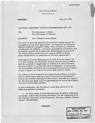 National Security Action Memorandum No. 247 U.S. Policy Toward Spain