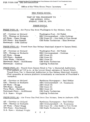 Pools for trip of the President to Des Moines, Iowa [Pool Assignments]