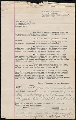 Sacco-Vanzetti Defense Committee typed document signed to A[lvan] T. Fuller, [Boston, Mass.], May 8, 1927