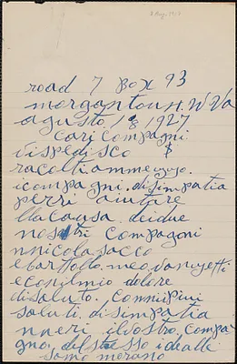 Sam Morano autograph note signed, in Italian, to Sacco-Vanzetti Defense Committee, Morgantown, W. Va., August 18, 1927