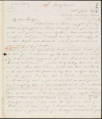 Margaret Fuller manuscript letter (copy) to Mrs. Emelyn Story, Reiti, Italy?, 22 June 1848