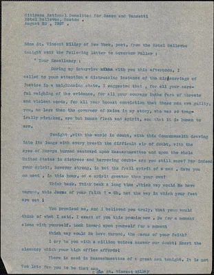 Citizens National Committee for Sacco and Vanzetti press release (copy), Boston, Mass., August 22, 1927