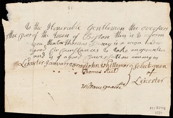 John Preston indentured to apprentice with Thomas Denny of Leicester, 6 February 1754