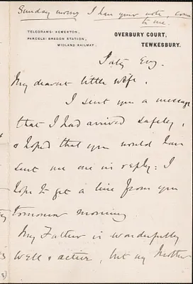 [John Biddulph Martin] autograph note signed to [Victoria Woodhull Martin], Tewkesbury, [England], approximately 1883-1897