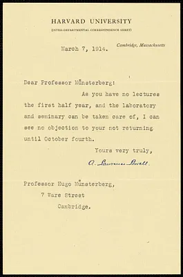 Lowell, A. Lawrence (Abbott Lawrence), 1856-1943 typed note signed to Hugo Münsterberg, Cambridge, Mass., 7 March 1914