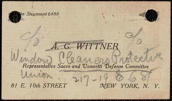 A.G. Wittner business card, [1924]