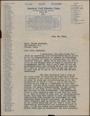 Roger N. Baldwin (American Civil Liberties Union) typed letter (copy) to Felice Guadagni, Chicago, Ill., October 28, 1924