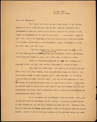 Bartolomeo Vanzetti typed letter (copy) to Jessica Henderson, Dedham, 12 May 1927