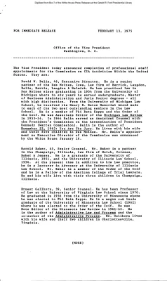 Vice President Completes Appointments for CIA Commission: David W. Belin, Harold Baker, Ernest Gellhorn, Robert B. Olsen, William W. Schwarzer, Marvin L. Gray, Jr., George A. Manfredi, James N. Roethe, James Burton Weidner, and Ronald J. Greene [Position Appointments and Resignations]