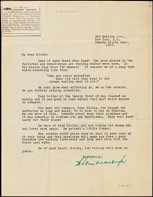 Warren Starr Van Valkenburgh typed letter signed to Nicola Sacco, New York, 24 June 1927