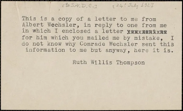 Ruth Willis Thompson typed note to Sacco-Vanzetti Defense Committee, [New York, N.Y., July 24?, 1927]