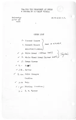 Shopping List for Tea for the President of Chile and Senora de Gonzalez Videla