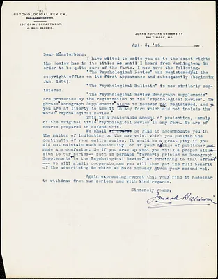 Baldwin, James Mark, 1861-1934 typed letter signed to Hugo Münsterberg, Baltimore, 03 April 1906