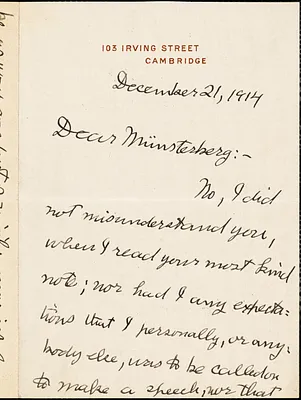 Royce, Josiah, 1855-1916 autograph letter signed to Hugo Münsterberg, Cambridge, Mass., 21 December 1914