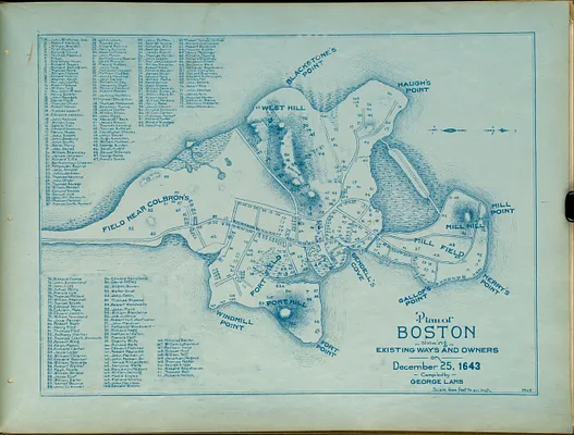 Plan of Boston showing existing ways and owners on December 25, 1643