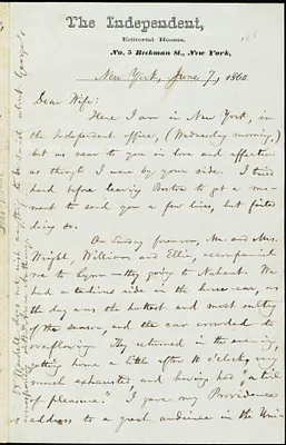 Letter from William Lloyd Garrison, The Independent, Editorial Rooms, No. 5 Beekman St., New York [City], New York, to Helen Eliza Garrison, [Wednesday morning], June 7, 1865