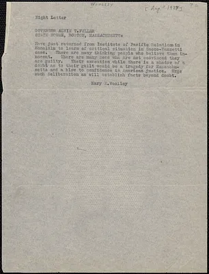 Mary E. Woolley telegram (copy) to Governor Alvan T. Fuller, [August? 1927]