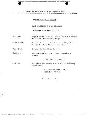 President's Schedule, Monday, February 17, 1975