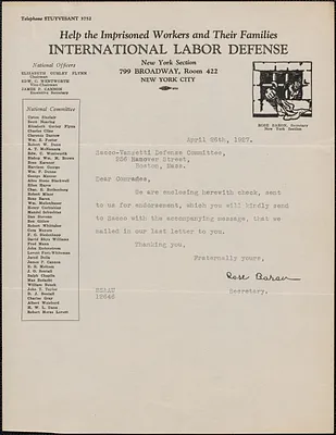 Rose Baron (International Labor Defense) typed letter signed to Sacco-Vanzetti Defense Committee, New York, N.Y., April 26, 1927