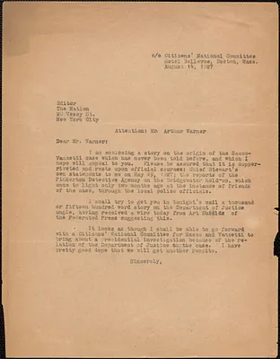 [Thomas O'Connor, Citizens National Committee for Sacco and Vanzetti] typed letter to Editor, The Nation, Boston, Mass., August 14, 1927