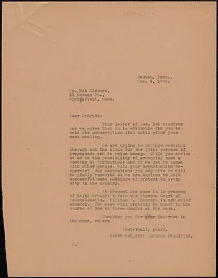 Sacco-Vanzetti Defense Committee typed letter (copy) to Max Klemmer, Boston, Mass., December 4, 1924