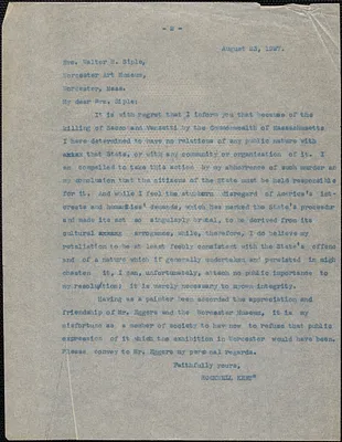 Rockwell Kent typed letter (copy) to Walter H. Siple (Worcester Art Museum), August 23, 1927