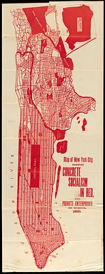 Map of New York City showing concrete socialism in red, and private enterprises in white, 1895