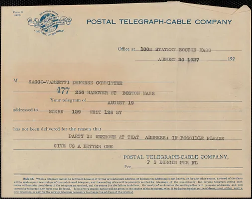Postal Telegraph-Cable Company printed form to Sacco-Vanzetti Defense Committee, Boston, Mass., August 20, 1927